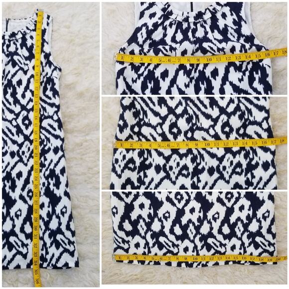 Linen Ikat Print Dress Ann Taylor LOFT Sz 0 Navy White Sleeveless Ruffle Collar - Picture 5 of 9